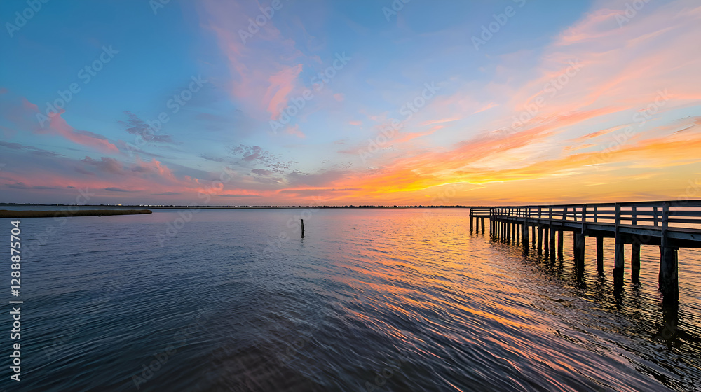 Fototapeta premium Serene Sunset Over Calm Ocean With Wooden Pier