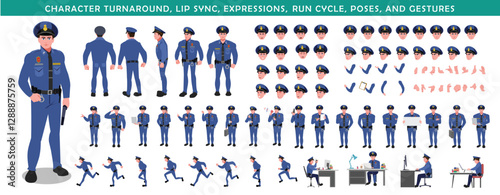 Police Officer Character Design Model Sheet. Man, Character design. Front, side, back view and explainer animation poses. Character set with lip sync and Walk cycle animation sequences.