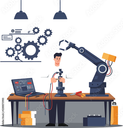 Engineer operating robotic arm in a modern workspace with technical equipment and gears