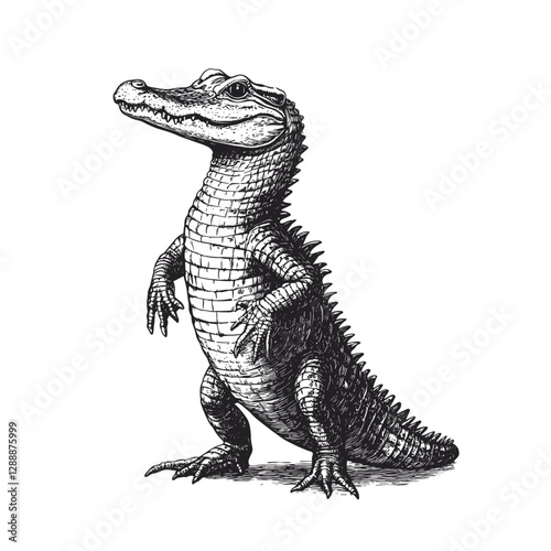 Antique art alligator illustration, hand-drawn predator sketch, black and white, vintage style wildlife print design, reptile vector art, engraving effect, nature illustration