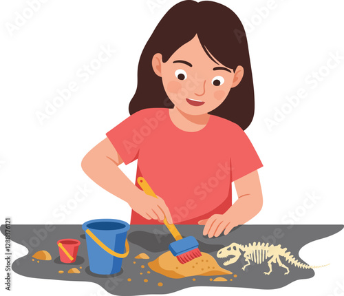 Child excavating dinosaur bones with tools in playful outdoor sand area