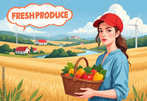 Woman holds basket of fresh produce on a farm with windmills