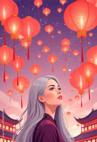Woman gazing at hanging red Chinese lanterns celebration