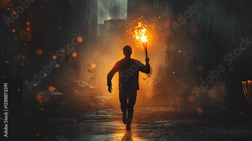 Silhouette runs through dark city, carrying burning torch.