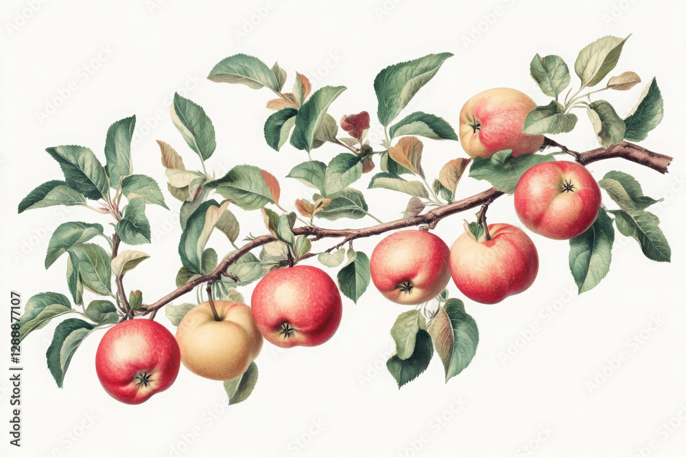 Obraz premium A detailed botanical illustration of a branch laden with ripe red and yellow apples, surrounded by lush green leaves on a white background.