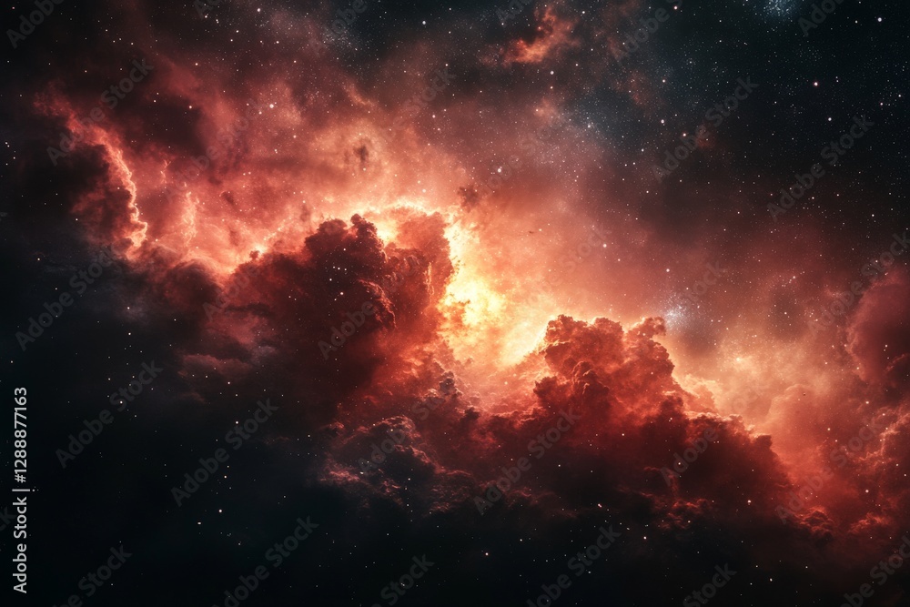 Fototapeta premium Stunning vibrant red nebula clouds and glowing stars in deep space scene