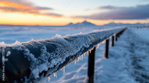 A frost-covered pipeline stretches into the icy distance, glowing under a soft sunset sky.