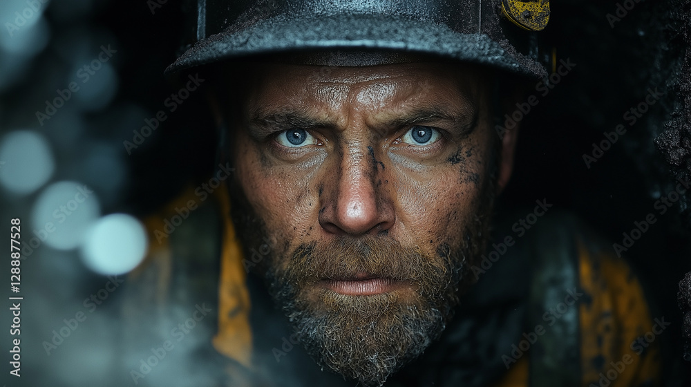 Close-Up Portrait of a Hardworking Miner with a Helmet, Ai Generated Images. Close-Up Portrait of a Hardworking Miner with a Helmet, Ai Generated Images.