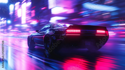 Sleek black car speeding through neon-lit city streets at night with vivid reflections