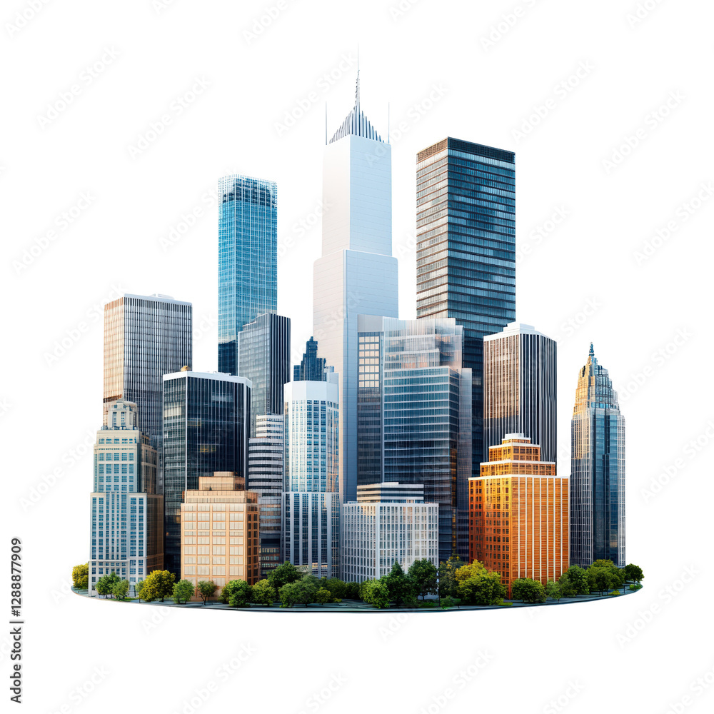 Fototapeta premium City skyline with modern skyscrapers and greenery in the foreground during a clear blue sky isolated on transparent background..