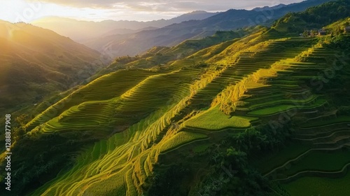 Sunrise illuminates terraced rice fields in a mountainous landscape showcasing agricultural beauty and nature's tranquility