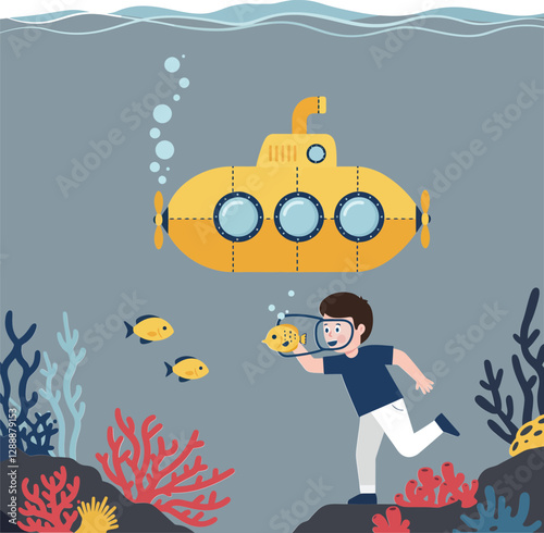 Boy observing fish underwater near a yellow submarine in a colorful coral reef