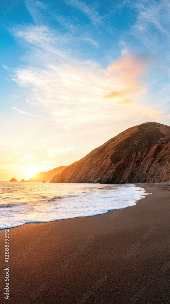 Waves gently crash on the sandy beach as the orange sun sets over the ocean, illuminating the surrounding mountains in a tranquil setting Waves gently crash on the sandy beach as the orange sun sets over the ocean, illuminating the surrounding mountains in a tranquil setting