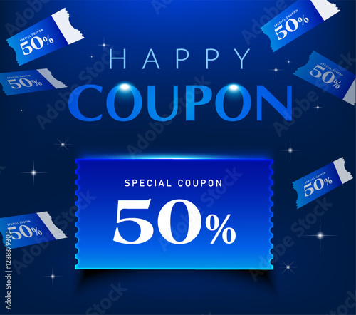 Set of 3d special coupons in deep blue color with coupon code, percent price off, isolated on dark background with sparkling effect. Discount voucher poster for promotion campaign. 3d vector. Vector