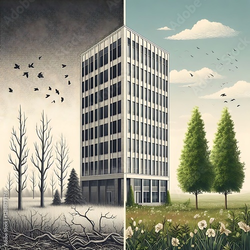 side view of a simple, tall office building