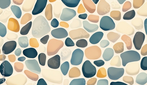 A pattern of multicolored pebbles, arranged in an organic layout with a focus on texture and depth.