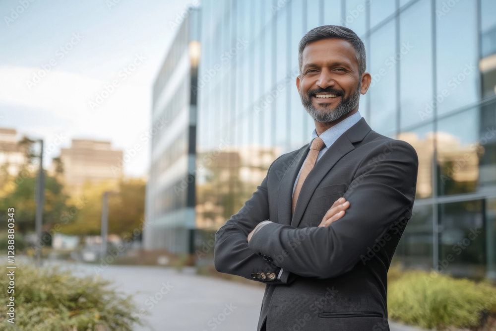 businessman standing confidently at out of office building businessman standing confidently at out of office building