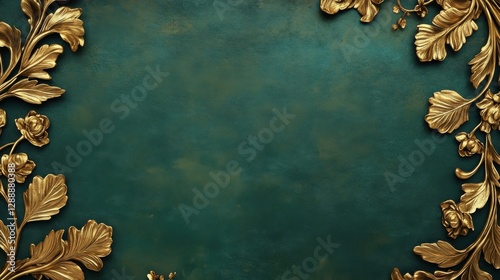 Gold leaf floral frame on a teal background