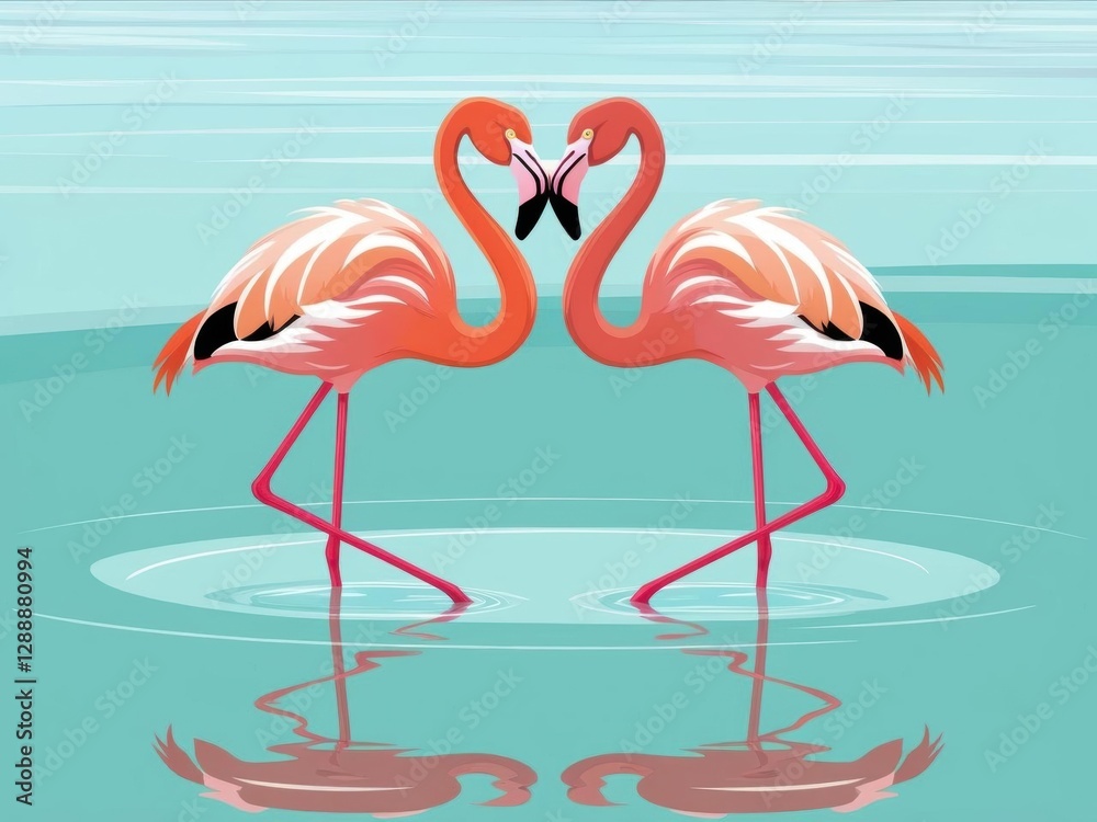 Obraz premium Two flamingos create a heart shape while standing in calm turquoise water.