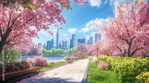 Beautiful spring scene with cherry blossoms in urban park, bright city skyline and vibrant flowers under a clear blue sky
