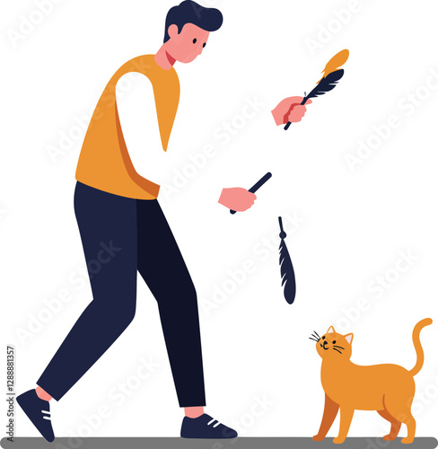 Man playing with cat using feather toy in a playful indoor setting