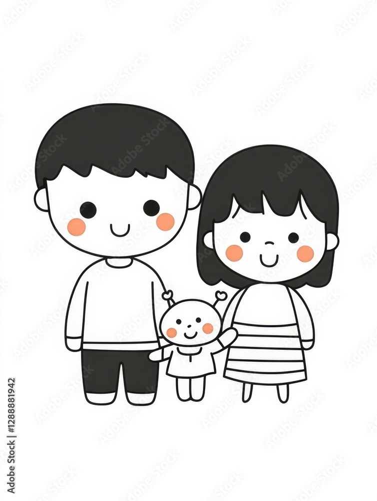 This image showcases a cheerful family portrait with parents and a smiling child, embodying love and happiness in a playful, cartoonish art style full of vibrant colors. This image showcases a cheerful family portrait with parents and a smiling child, embodying love and happiness in a playful, cartoonish art style full of vibrant colors.