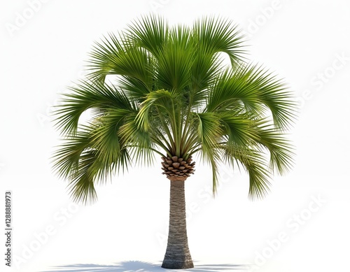 Isolated palmetto palm tree with rich green fronds, stout trunk on white background. Tropical landscapes, nature, relaxation. Single palmate tree, flora with coastal foliage. Scenic botany, summer