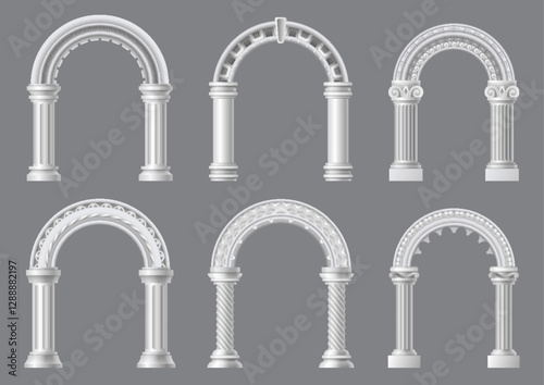 Ancient roman arch set. Architectural stone or marble arch. Portal greek castle or luxury facade building entrance with pillars columns. Creative isolated arch design. Vector cartoon illustration