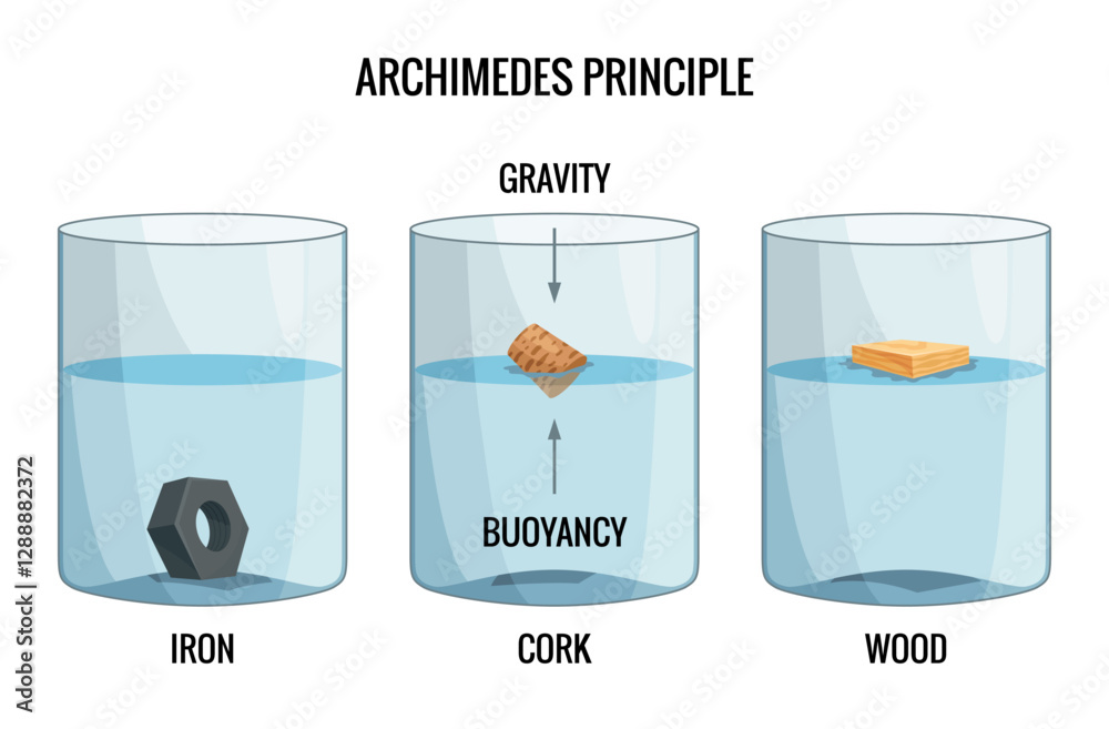 Archimedes principle. Experiment with water glasses, iron, cork and wood cube. Buoyant acting on the object that floats is equal to weight of the fluid that is displaced