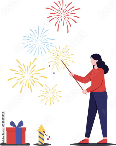 Woman celebrating with colorful fireworks and festive decorations during a joyful occasion