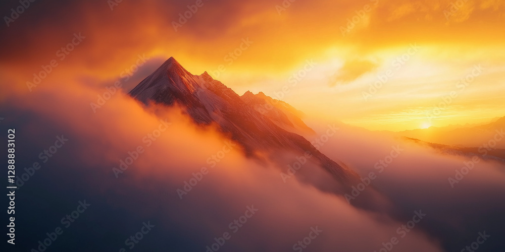 Majestic sunset over misty mountain peaks with vibrant orange and golden skies Majestic sunset over misty mountain peaks with vibrant orange and golden skies