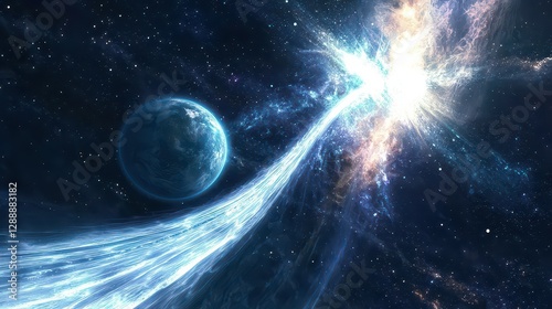 A glowing cosmic bridge of light connects Earth to a distant moon, bending gravity itself