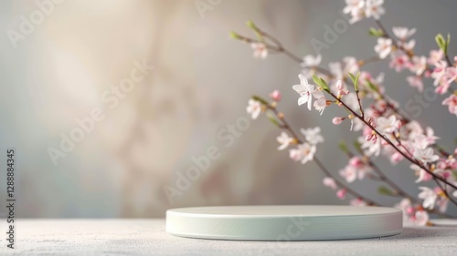 A white podium elegantly displayed with pink flowers atop a table