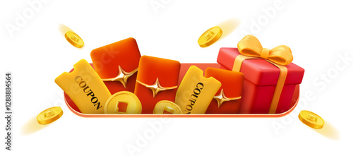 3d coupons and golden coins with red gift boxes and lucky money rising from a slot, isolated on white background. Gift voucher with cash back discount poster template in 3d vector. Vector illustration