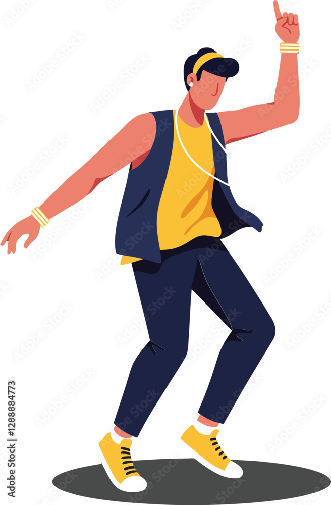 Young man dancing energetically with headphones in casual urban attire and vibrant colors Young man dancing energetically with headphones in casual urban attire and vibrant colors