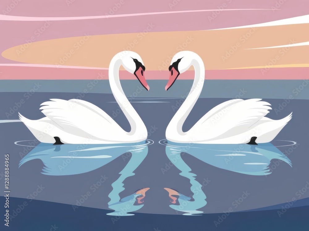 Two elegant swans gracefully face each other in calm waters, reflecting a serene pastel sunset. Two elegant swans gracefully face each other in calm waters, reflecting a serene pastel sunset.