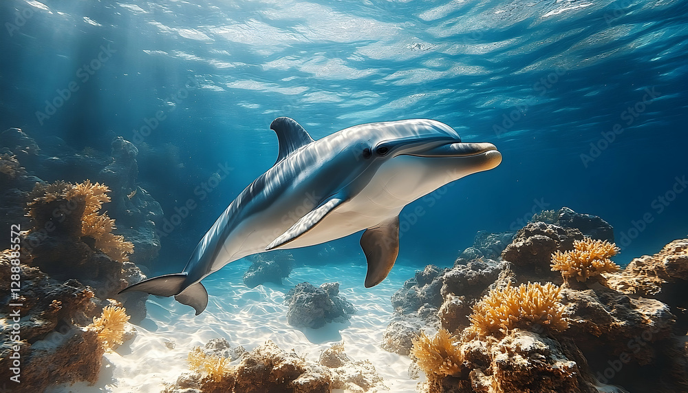 Fototapeta premium Elegant dolphin gliding through clear ocean waters surrounded by coral reefs