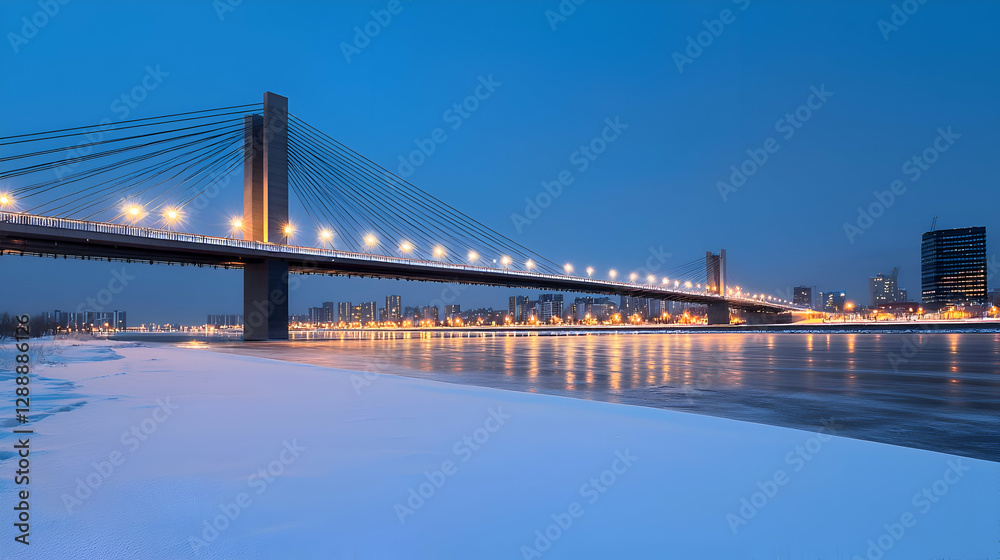 Naklejka premium Illuminated Bridge Over Snowy River at Night