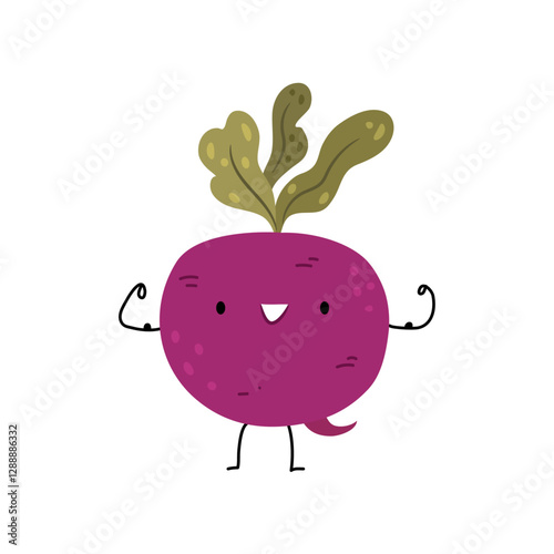 Beetroot mascot isolated active and strong cartoon character. Vector concept of healthy food for children with funny cute vegetable. Organic diet for vegans, sticker personage