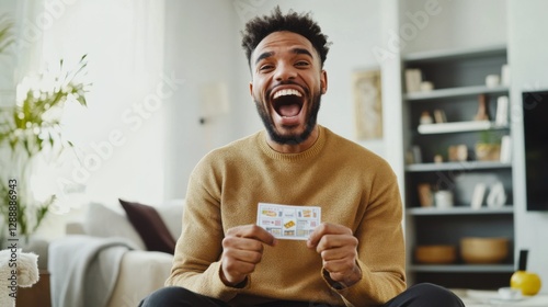 A man sitting in his living room, holding a winning lottery ticket and smiling with excitement. Featuring joy and disbelief