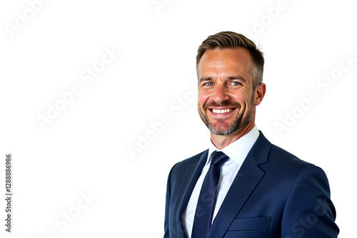 Confident mature businessman smiling in suit isolated on transparent background. Ideal for corporate profiles, leadership presentations, and business websites. Professional portrait.