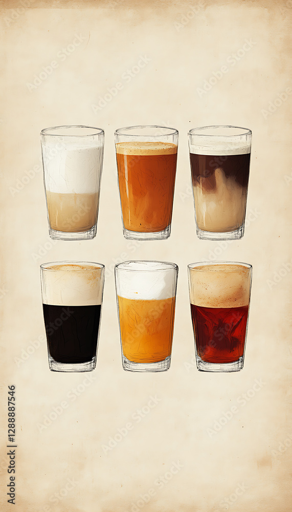 A minimalist coffee guide featuring illustrations of five different coffee drinks. A minimalist coffee guide featuring illustrations of five different coffee drinks.