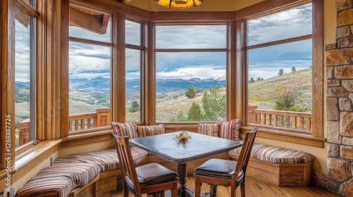 A serene breakfast nook with large windows framing stunning views of mountain ranges  perfect for enjoying the morning sunrise.