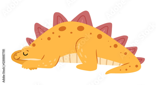 Herbivorous dinosaur character sleeping, isolated cute stegosaurus species with tail and spike plates on back. Vector extinct cartoon animal personage from prehistoric Jurassic era period