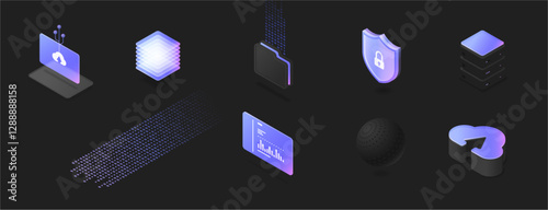 Cloud computing technology, protection and keeping users statistics. Vector mass repository on servers. Information exchange on internet, electronic archive or personal isometric data storage