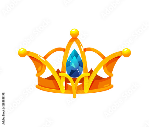 Wealthy gold crown with gemstone and precious stones decoration. Vector isolated jewelry for queen or princess, king or prince. Elegant royal family antiquity, symbol of power and monarchy