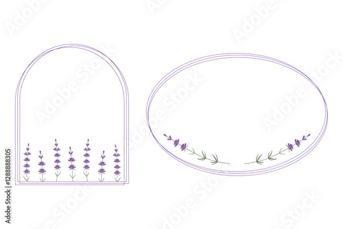 Set of frames with lavender sprigs. Cute lavender sprigs in a purple frame. Vector set for wedding invitation, photo frame, label, text box.