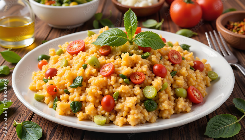 Vibrant plate of couscous garnished with vegetables, Moroccan feast Vibrant plate of couscous garnished with vegetables, Moroccan feast