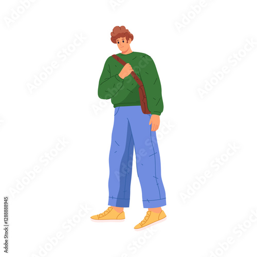 Strolling man, isolated male personage walking. Vector guy wearing casual clothes carrying bag. Student or worker commuting to job. Daily routine of busy person, boy at street hurrying up