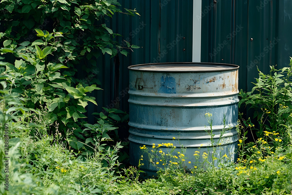 Rustic Blue Barrel Amidst Lush Greenery Against a Corrugated Wall Rustic Blue Barrel Amidst Lush Greenery Against a Corrugated Wall